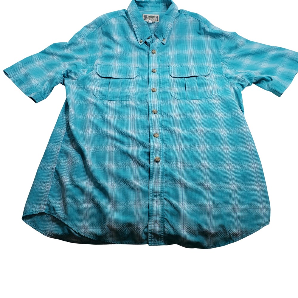 Duluth Trading Co Mens Short Sleeve Plaid Button Down Shirt L Tall Teal